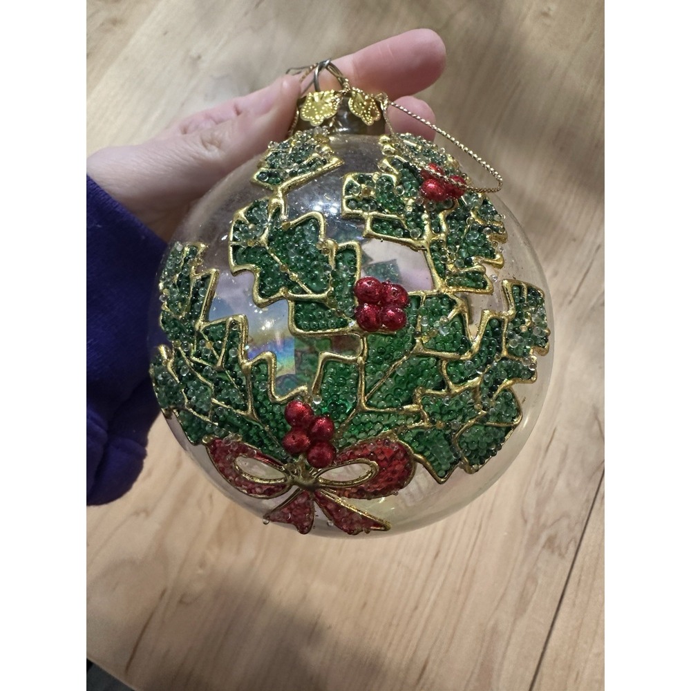 Vintage Clear 3.5 Glass Christmas Ball Ornament Holly Berry Bow Iridescent